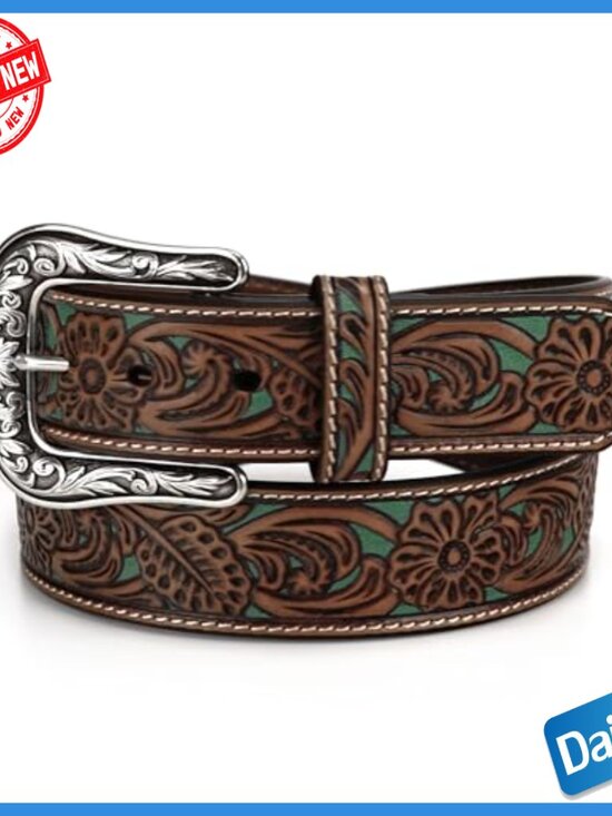 Genuine Leather Western Belt with Floral Overlay, Size Large main image 6